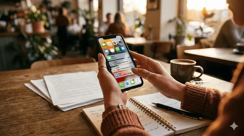 Person checking phone notifications at desk