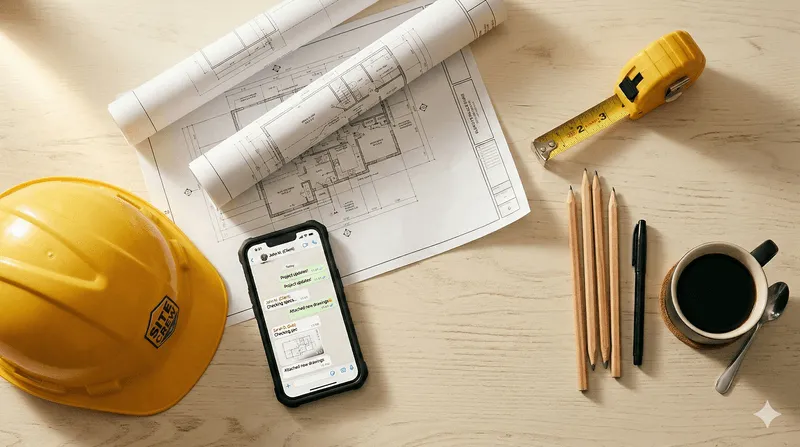 Contractor workspace with blueprints and phone